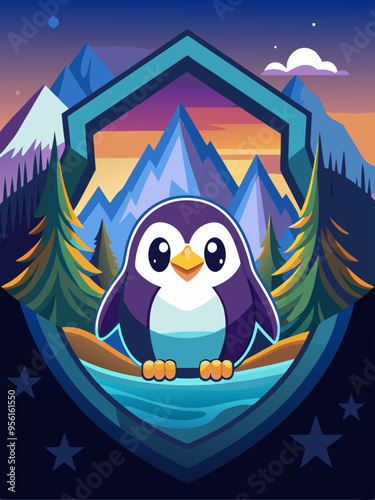 Cute Penguin Sitting in Front of a Mountain Range at Sunset