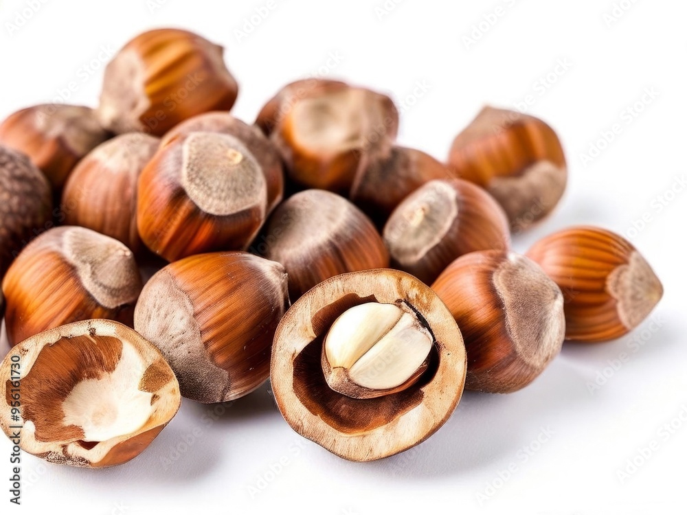 close-up of handful of hazelnuts isolated on white background. Generated by AI. 