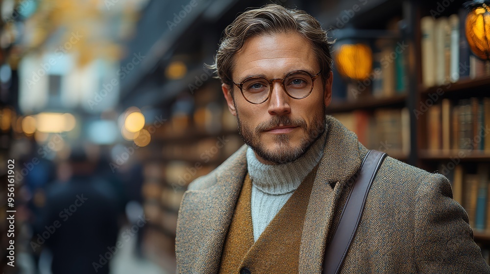 Obraz premium Handsome Man in Glasses and Tweed Coat Looking at Camera in Bookstore