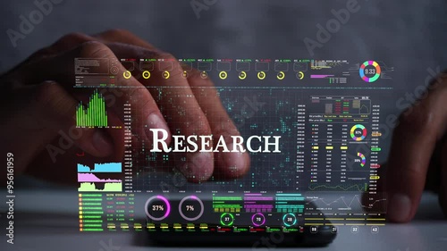 A men using AI smart phone for analyze a stock market exchange. reserach text on business data number futuristic hologram background. photo