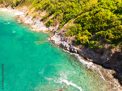 Drone view Beautiful sea in high season at Phuket Thailand