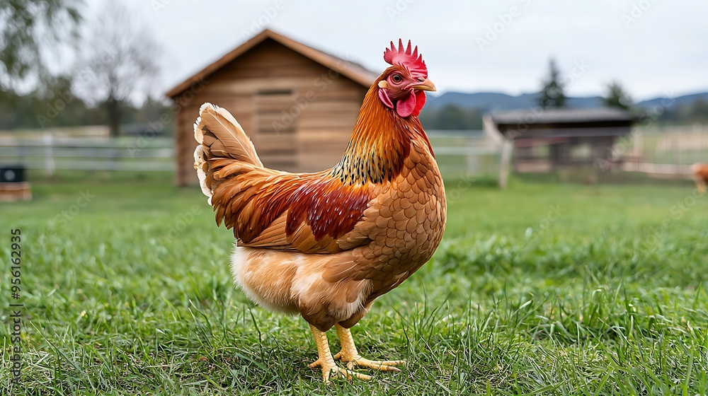 Fototapeta premium Rustic Wooden Chicken Coop in Backyard - Clear Light 8K Photo with Copy Space