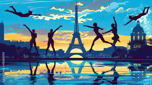 A synchronized diving team performing, with the Eiffel Tower in the background, illustrated in crisp vector style.