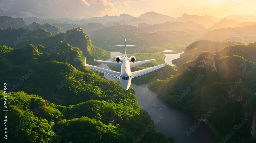 Fototapeta premium Elegance in Transit: Private Jet Soaring Above Breathtaking Landscape