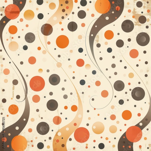 Abstract Polka Dot Pattern with Swirls in Cream, Brown and Orange