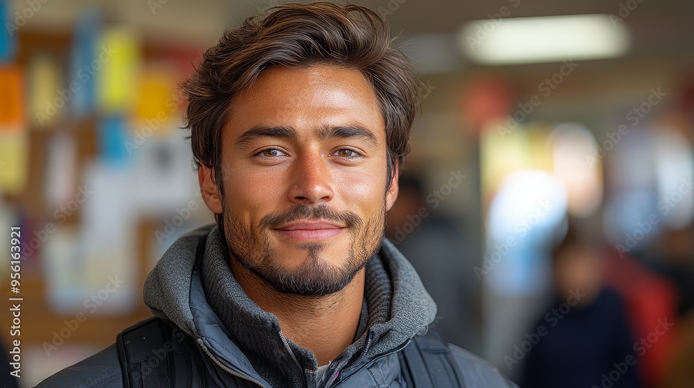 Portrait of a Young Man Smiling in a Public Space Portrait of a Young Man Smiling in a Public Space