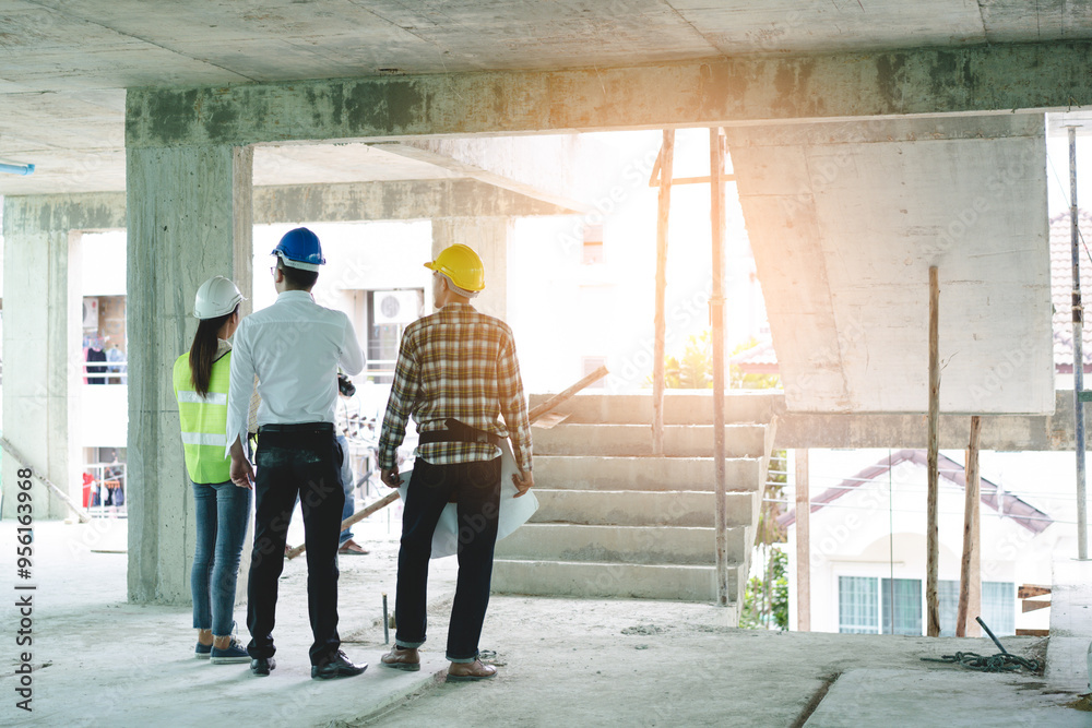 Asian contractor and engineer inspecting material in construction building. Asian contractor and engineer inspecting material in construction building.