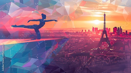 A gymnast on the balance beam, with the Eiffel Tower visible, depicted in modern vector graphics.