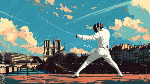 A fencer in action, with Notre-Dame in the background, captured in clean vector style.