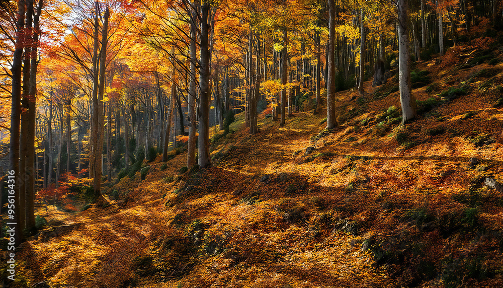 紅葉の景色に連なる山々。見晴らしの良い紅葉の森の全景。A series of mountains in a landscape of autumn leaves. A panoramic view of the autumn leaves forest. 紅葉の景色に連なる山々。見晴らしの良い紅葉の森の全景。A series of mountains in a landscape of autumn leaves. A panoramic view of the autumn leaves forest.