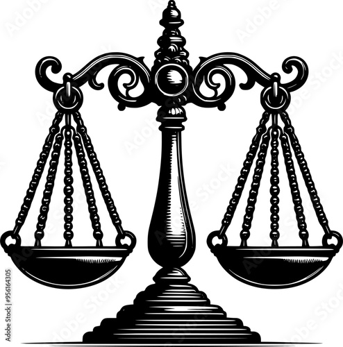 Balance scales of justice and law isolated vector icons. Black symbols of legal court, lawyer and judge with retro weight balances with vintage decorative stands, scale.eps