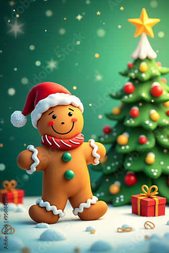 Cheerful gingerbread man standing in front of a Christmas tree, both set against a festive green background with snowflakes falling.