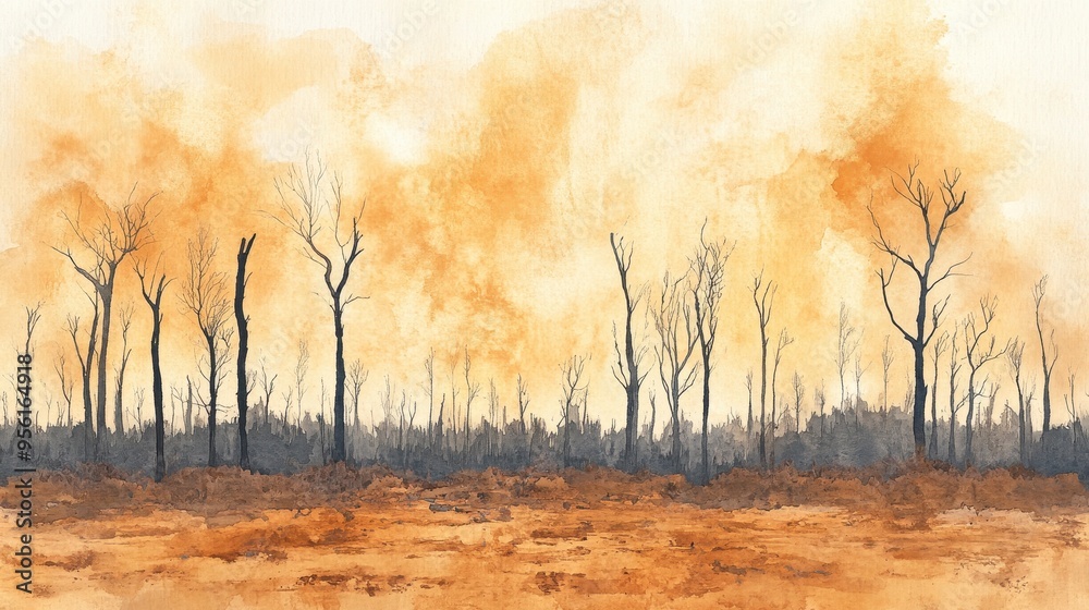 Fototapeta premium Desolate Beauty: Watercolor Illustration of Deforestation, Barren Land with Cut Down Trees