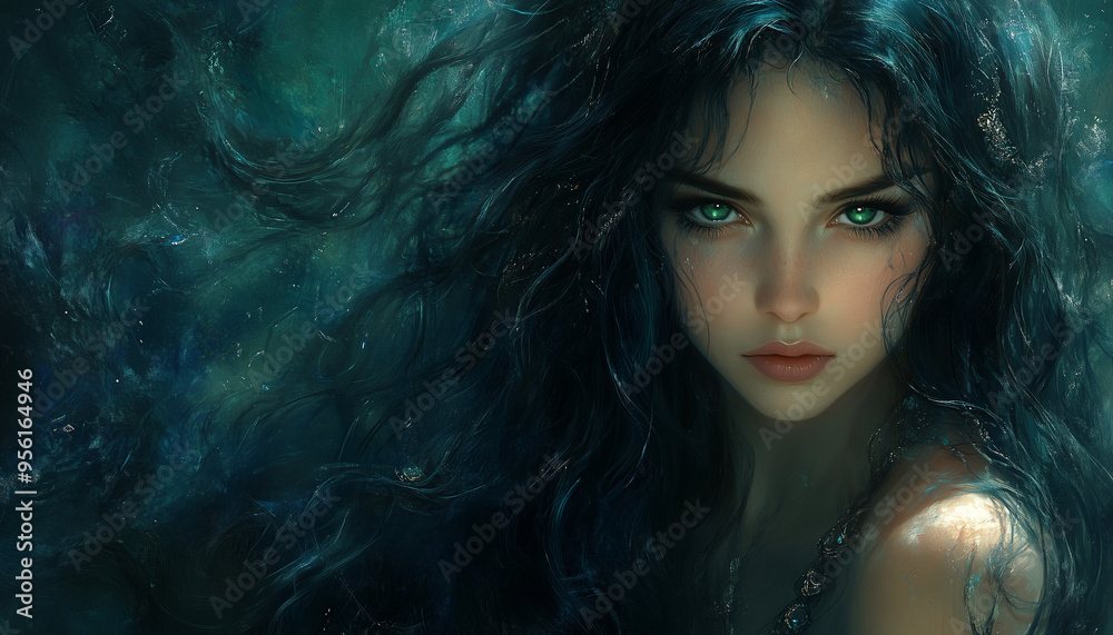 Portrait of a beautiful brunette with blue eyes. fantasy Portrait of a beautiful brunette with blue eyes. fantasy