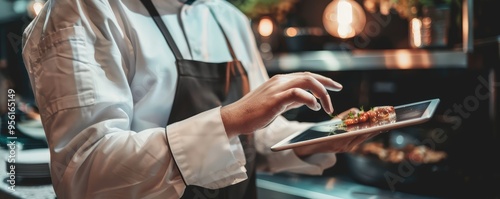 chefs looking at digital tablet in a restaurant kitchen