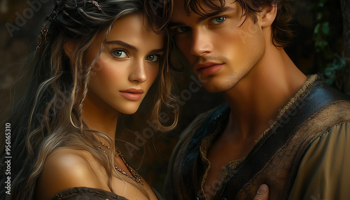 Couple boy and girl in medieval clothes. fantasy