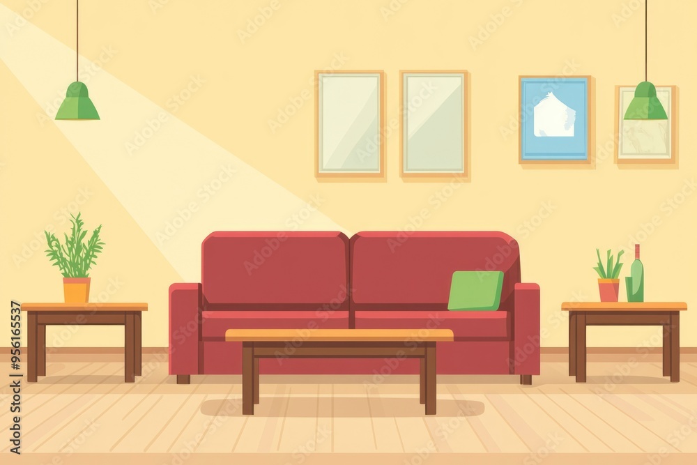 Living Room Interior with Red Sofa, Coffee Table, and Plants Living Room Interior with Red Sofa, Coffee Table, and Plants