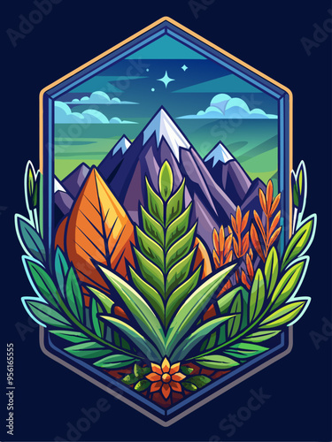 Hexagon Frame Enclosing Mountains, Leaves, and a Flower