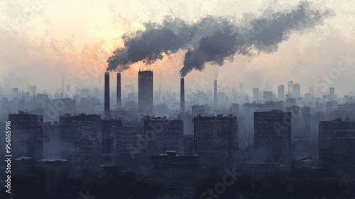 Industrial Pollution - Factory Smokestacks in Watercolor Style Under Gray Sky