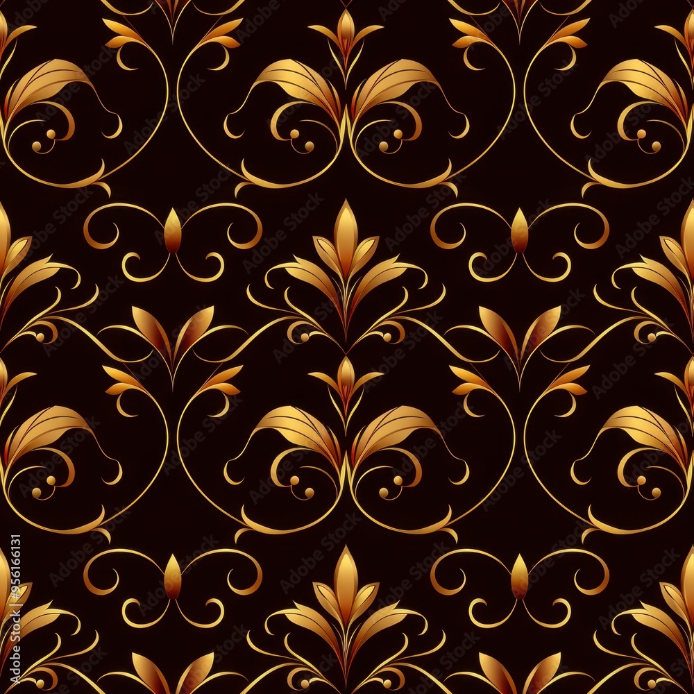 Gold Damask Floral Seamless Pattern on Black Background Gold Damask Floral Seamless Pattern on Black Background