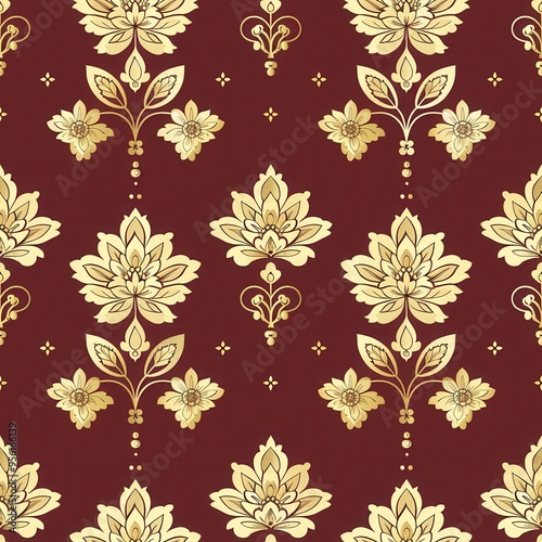 Gold Damask Pattern on Burgundy Background