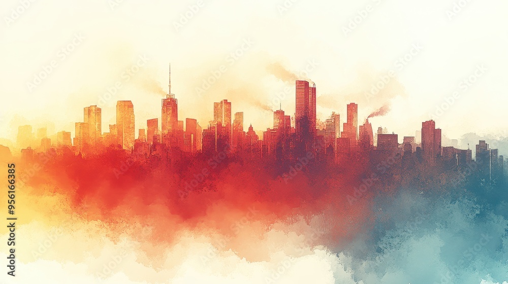 Obraz premium Ethereal Cityscape: Trapped Heat and Greenhouse Gases in Watercolor Haze