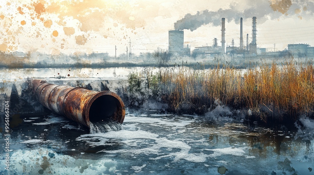 Toxic Watercolor: Industrial Pipes Polluting River with Contaminated Wastewater - Environmental Pollution Concept in Artistic Style Toxic Watercolor: Industrial Pipes Polluting River with Contaminated Wastewater - Environmental Pollution Concept in Artistic Style
