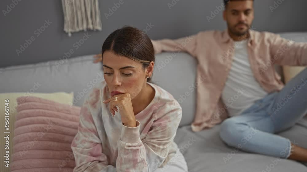 Woman thinking and man sitting on a couch in an indoor living room, expressing relationship issues and emotions in a modern home setting Woman thinking and man sitting on a couch in an indoor living room, expressing relationship issues and emotions in a modern home setting
