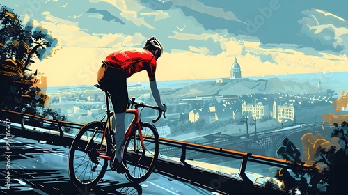 A cyclist climbing a hill near Paris, depicted in sharp vector graphics.