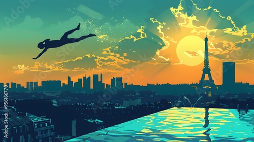 A swimmer diving into a pool, with a Paris skyline, rendered in sleek vector design.