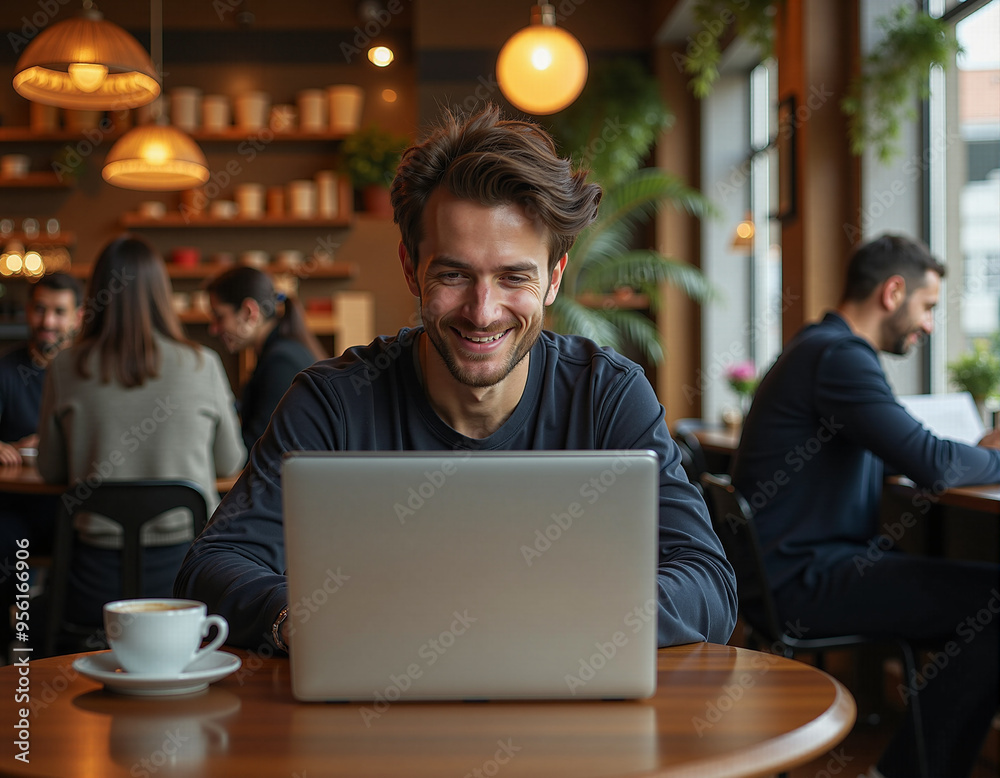 Smiling Man Working on Laptop in a Cozy Café Environment Smiling Man Working on Laptop in a Cozy Café Environment