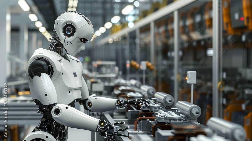 Captured in stunning 4K resolution, this image showcases the intricate details of a humanoid robot working efficiently within a futuristic factory. Captured in stunning 4K resolution, this image showcases the intricate details of a humanoid robot working efficiently within a futuristic factory.