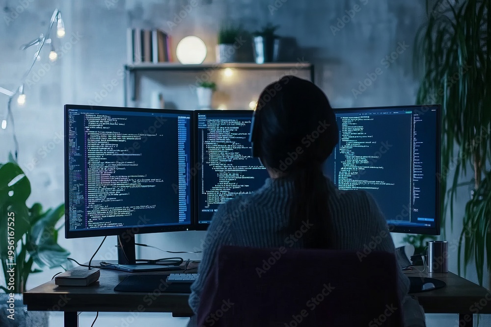Female software developer coding at her desk, focused on her dual-monitor setup. The screen displays lines of complex Female software developer coding at her desk, focused on her dual-monitor setup. The screen displays lines of complex