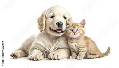 Adorable white golden retriever puppy and beige kitten sitting together, fur textures detailed, smiling at the camera, isolated on a bright white background.