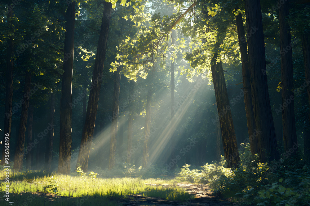 Obraz premium Sunlight filtering through the trees in forest