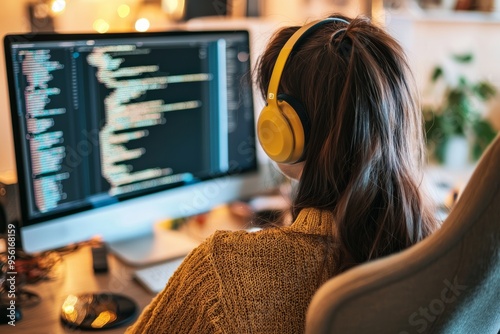 Female software developer integrating new features into an existing platform. The room is filled with coding books photo