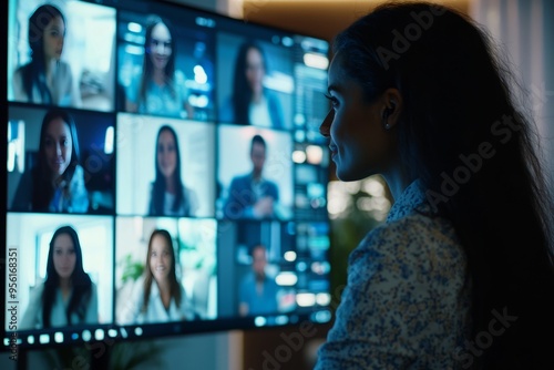 Female software developer participating in a video conference with her global team. The screen shows multiple colle