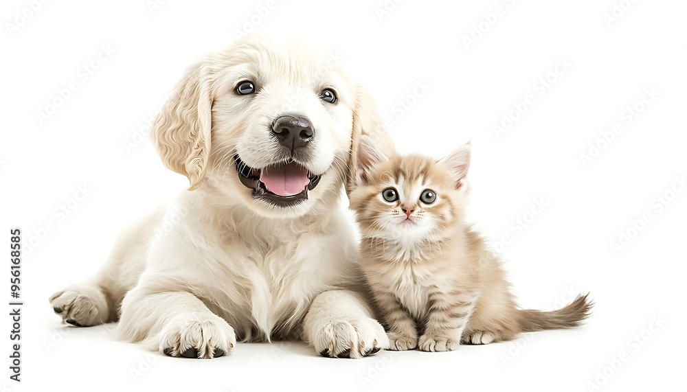 Charming white golden retriever puppy and beige kitten, their smiling faces captured with detailed fur, sitting together on a pure white background, eyes bright with joy. Charming white golden retriever puppy and beige kitten, their smiling faces captured with detailed fur, sitting together on a pure white background, eyes bright with joy.