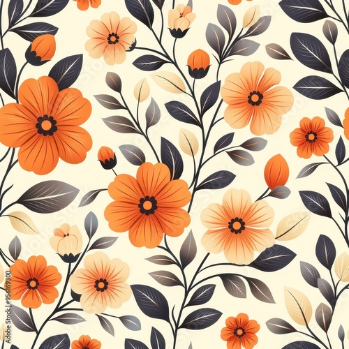 Seamless Floral Pattern with Orange and Yellow Flowers on a Cream Background
