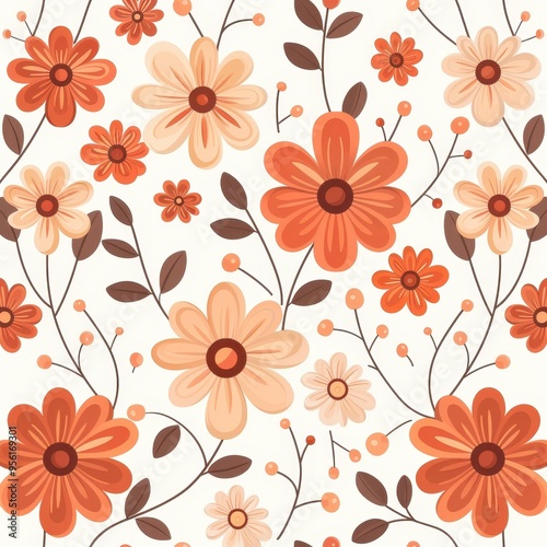 Wallpaper Mural Seamless Pattern of Orange and Peach Flowers on White Background Torontodigital.ca