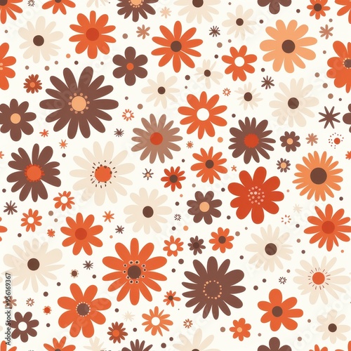Seamless Floral Pattern with Orange, Brown, and White Flowers on White Background