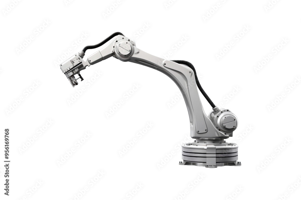 Orange robotic arm with black hoses suitable for technology, manufacturing, automation and engineering projects. White background for professional presentations Orange robotic arm with black hoses suitable for technology, manufacturing, automation and engineering projects. White background for professional presentations