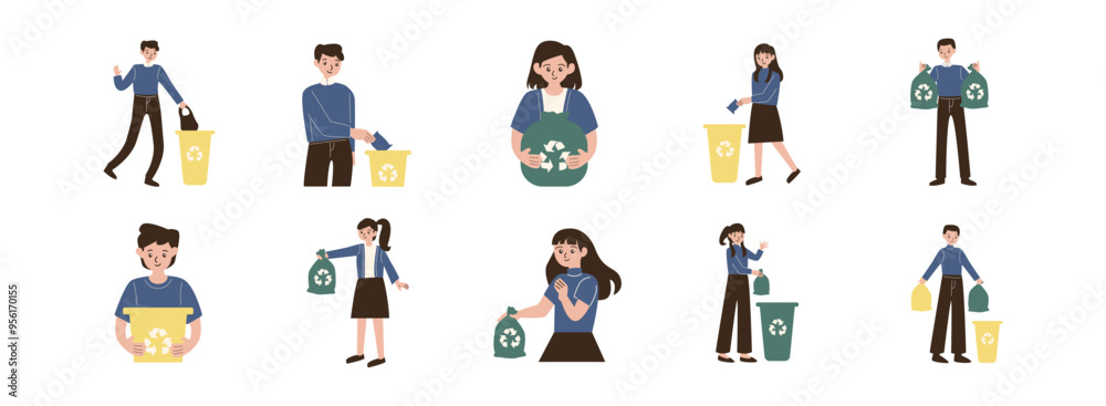 Throwing Away Trash flat illustration set. Include of trash bag, recycle bin. Vector illustration isolated transparent background