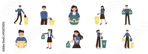 Throwing Away Trash flat illustration set. Include of trash bag, recycle bin. Vector illustration isolated transparent background