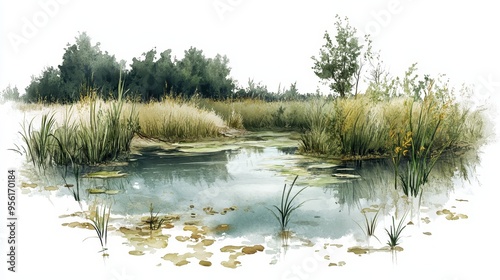Struggling Wetland Harmony in Watercolor - Depiction of Dying Flora and Fauna in a Struggling Ecosystem