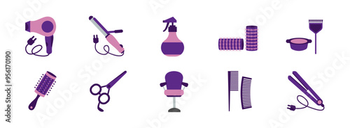 Salon Equipment flat illustration set. Include of  blow brush, chair, comb, hair dryer, hair scissors, spray bottle, straightener. Vector illustration isolated transparent background