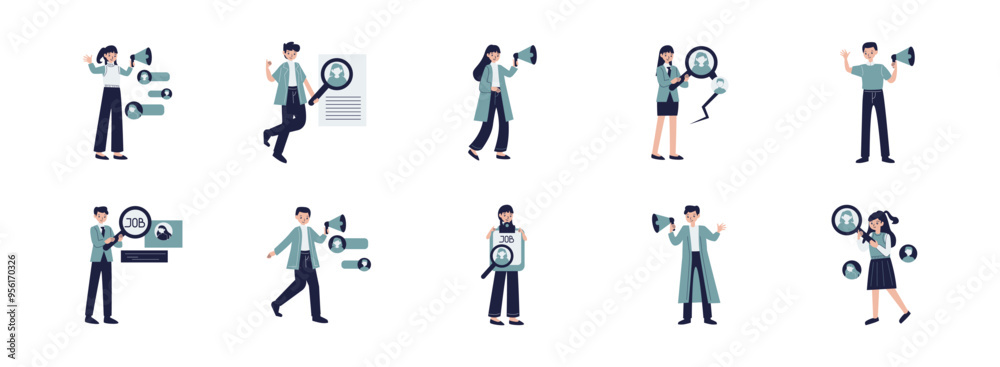 Hiring Jobs flat illustration set. Include of interview, career, recruitment, vacancy, business, job, opportunity, employment, hire, and more. Vector illustration isolated transparent background Hiring Jobs flat illustration set. Include of interview, career, recruitment, vacancy, business, job, opportunity, employment, hire, and more. Vector illustration isolated transparent background