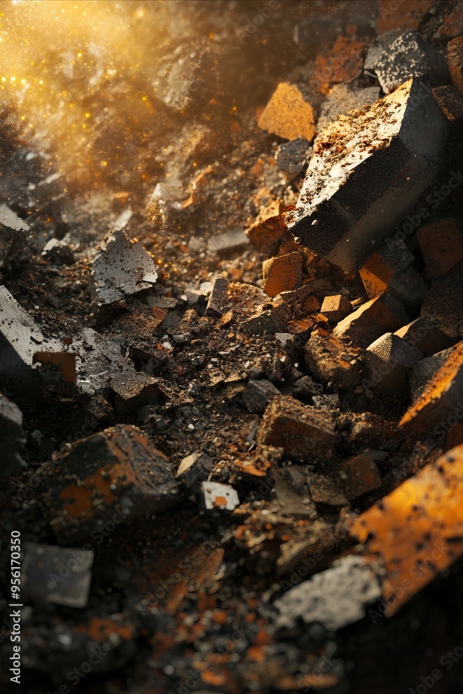A pile of rubble with a bright light coming out of it A pile of rubble with a bright light coming out of it