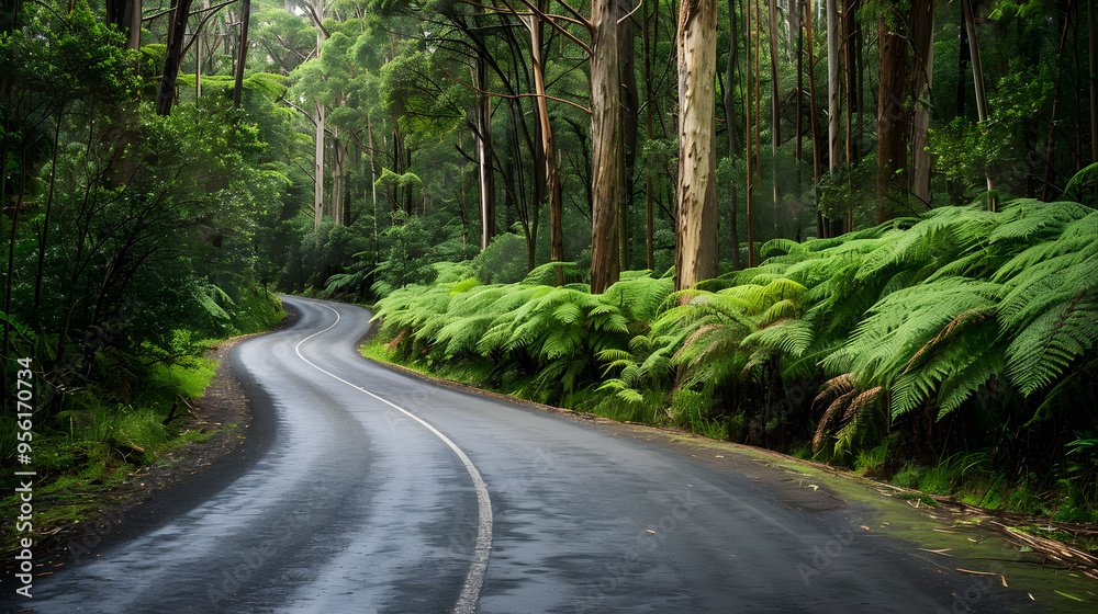 Obraz premium Winding Road Through Dense Forest Offering Scenic Natural Beauty 