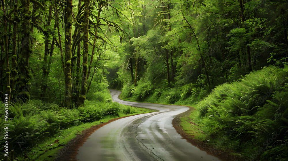 Obraz premium Winding Road Through Dense Forest Offering Scenic Natural Beauty 